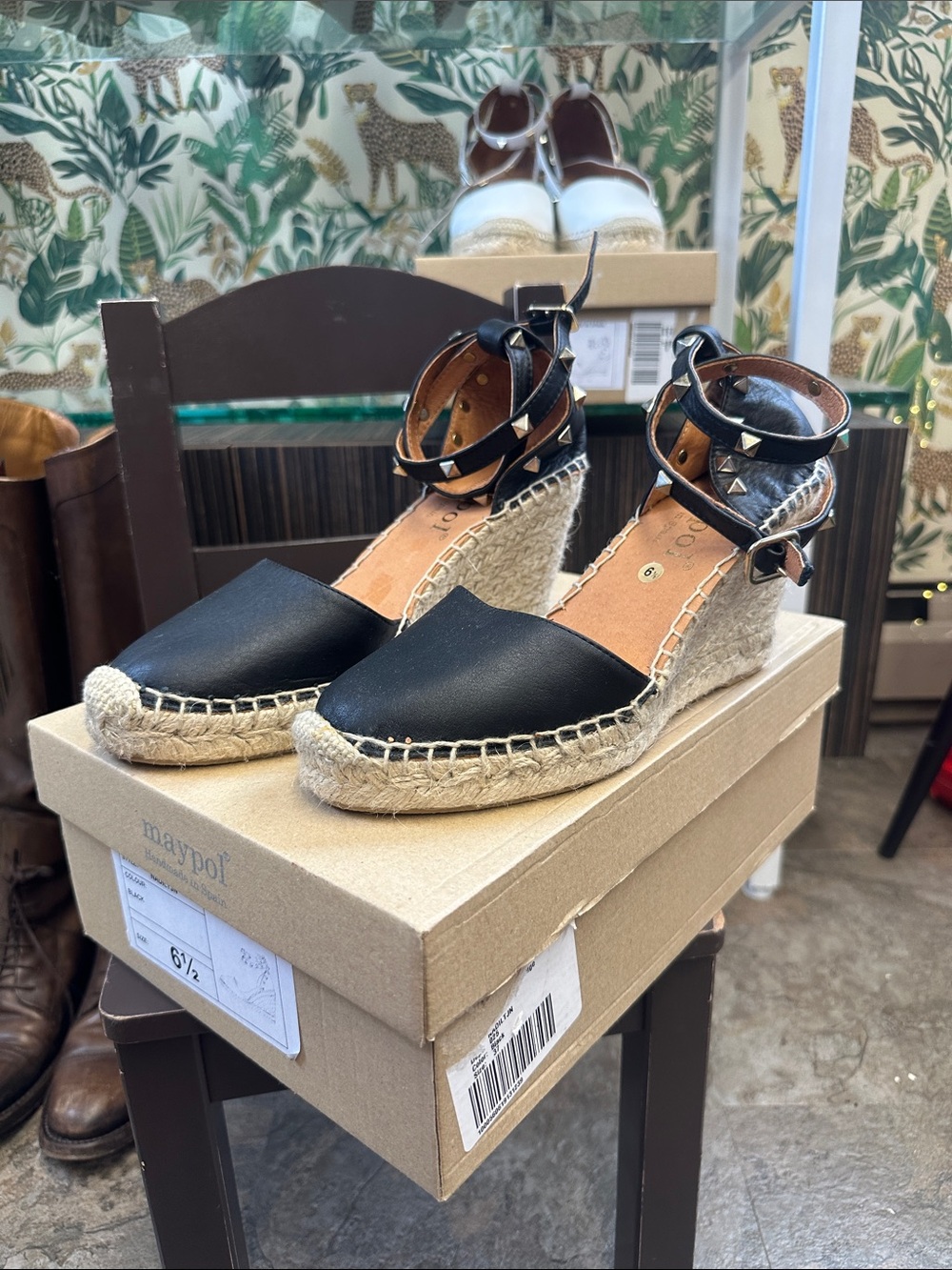 Maypol Black Espadrille Wedge Sandals with Studded Ankle Straps - Women 6.5 NWB